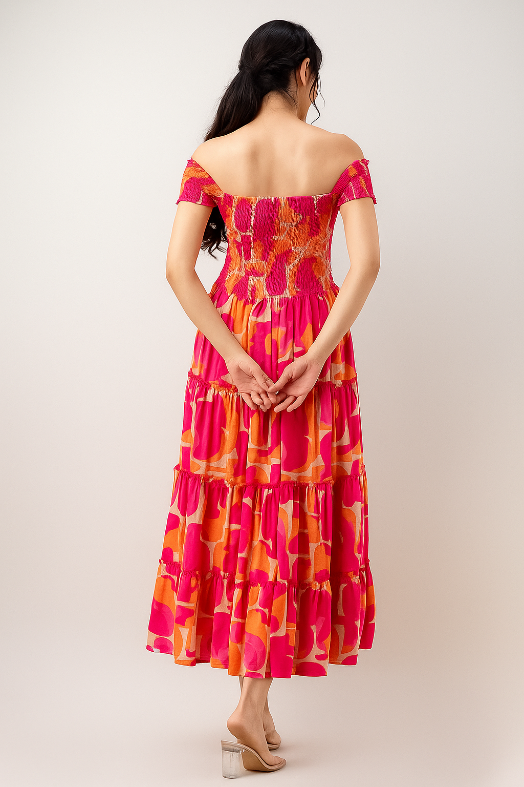 Radiant Blooms Multicolored Floral Midi Dress with Smocking