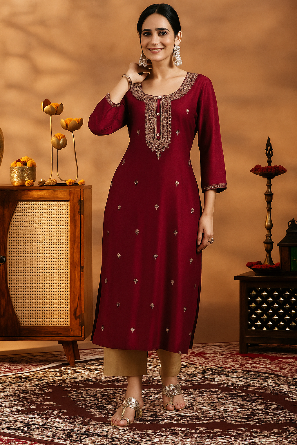 Maroon Elegance Embroidered Kurta Pant Set