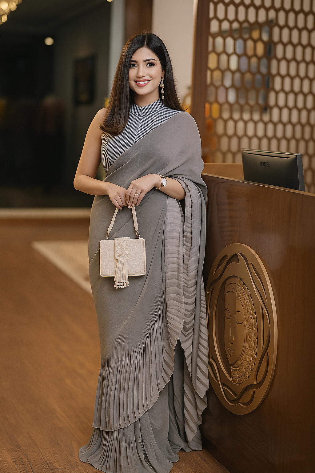 Pearl Glow Pleated Satin Saree