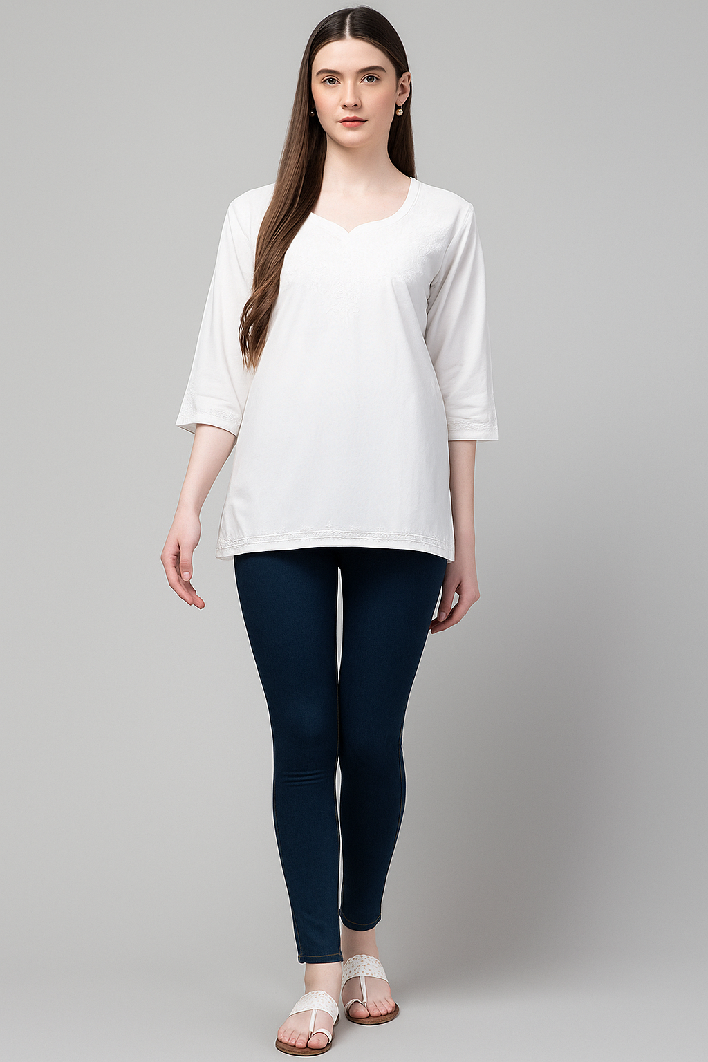 White Short Kurti with Kashmiri Design